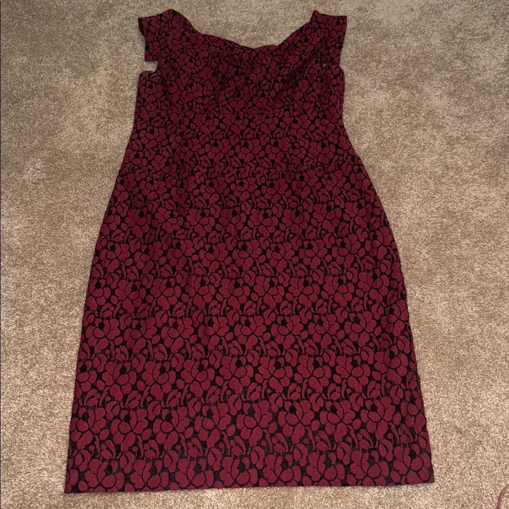 Black Halo Jackie O Burgundy Wine Red Lace Cotton Raschel Dress Size 12. Q